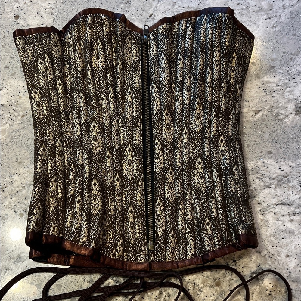 Vintage Victorian Brocade Corset - Gold & Brown Damask - Steel Boned - Size 20 - Picture 1 of 8